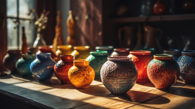 Une rangée de vases colorés sur une table avec le soleil qui brille dessus