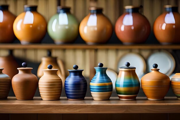 Photo une rangée de vases est alignée sur une table en bois.