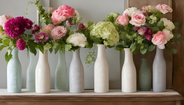 Photo une rangée de vases avec des fleurs sur eux, dont un qui dit fleurs