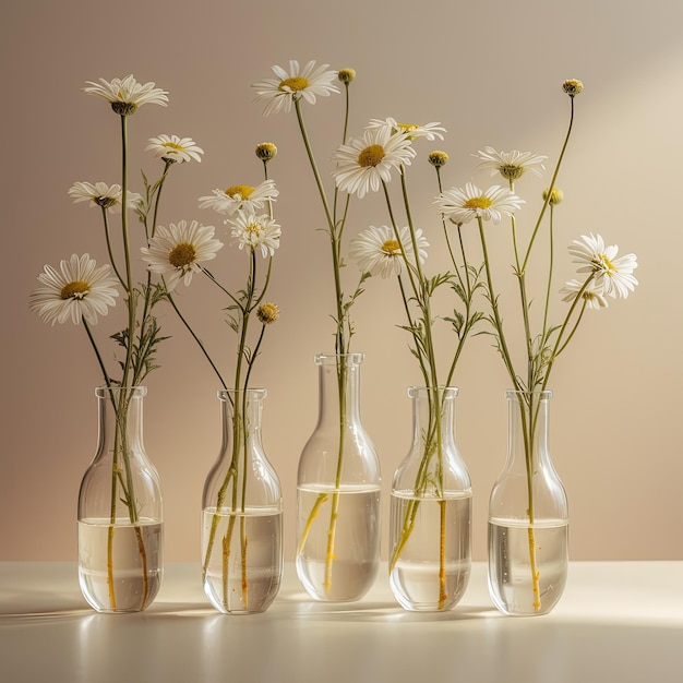 Une rangée de vases en verre avec des marguerites sont sur une table.