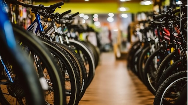 Une rangée de vélos dans un magasin avec le mot vélo sur le devant.