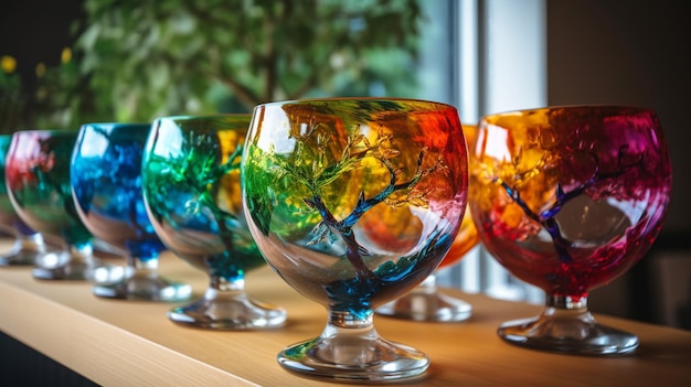 Photo une rangée de verres colorés avec un arbre sur le dessus.