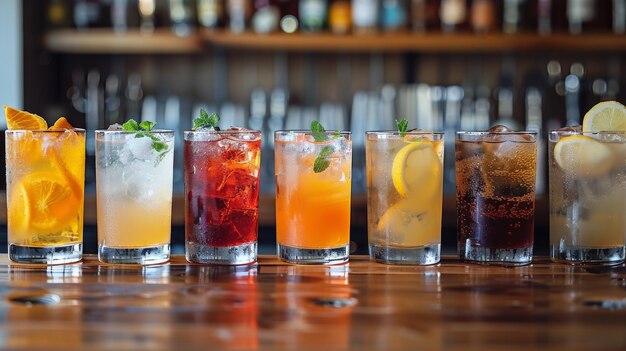 Une rangée de verres avec différentes boissons