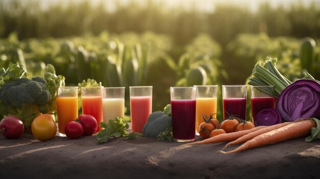 Une rangée de verres de différents jus avec un tas de légumes sur la table