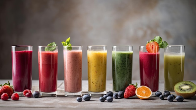 Une rangée de verres de différents smoothies