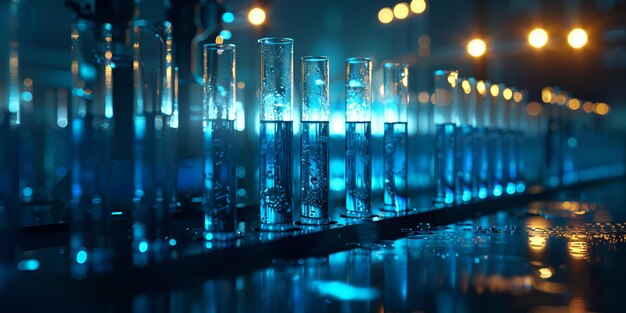 une rangée de verres avec du liquide bleu en eux