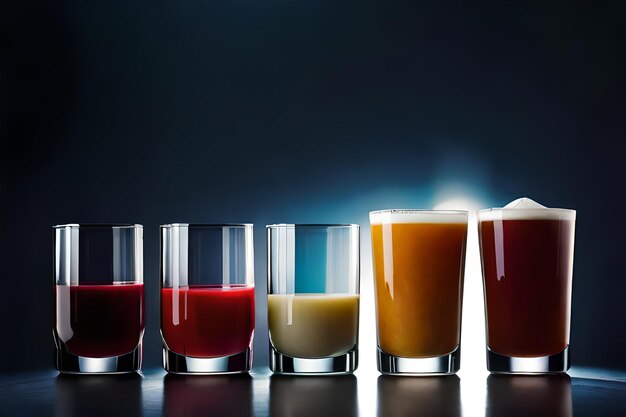 une rangée de verres de jus de différentes couleurs.