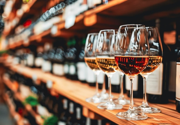 Photo une rangée de verres de vin de rose sur le comptoir du bar.