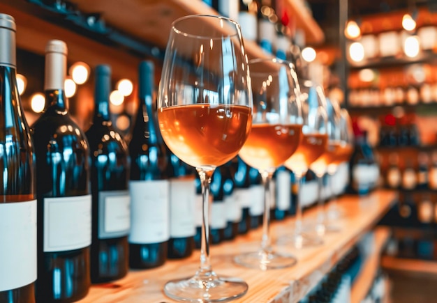 Photo une rangée de verres de vin de rose sur le comptoir du bar.