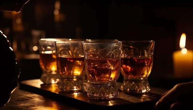 Une rangée de verres de whisky est posée sur un bar.