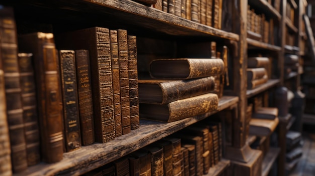 une rangée de vieux livres sur une étagère avec une étage en bois