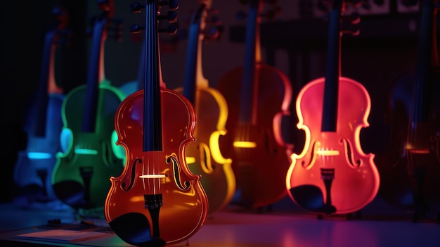 Une rangée de violons colorés dans une pièce sombre avec des néons.