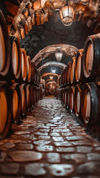 Des rangées de barils de vin dans une cave vintage