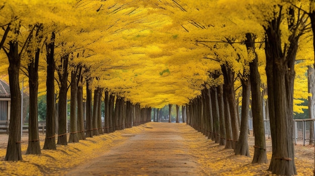 rangées de beaux arbres de ginkgo jaune IA générative