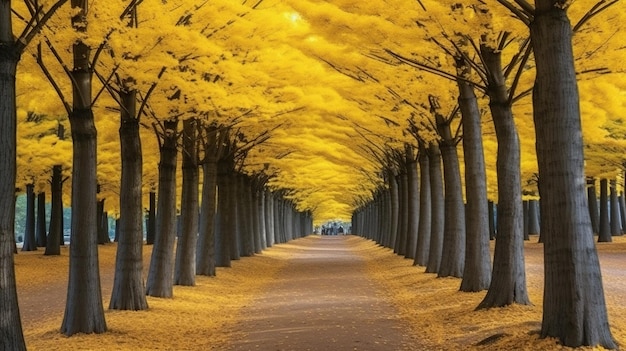 rangées de beaux arbres de ginkgo jaune IA générative