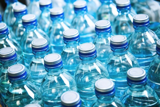 Photo rangées de bouteilles d'eau minérale remplies et bouchées