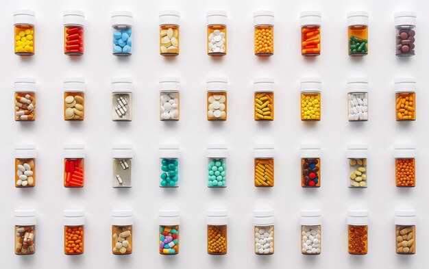 Photo des rangées de bouteilles de médicaments sur fond blanc