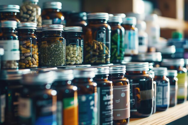 Photo des rangées de bouteilles de suppléments dans un magasin d'aliments sains