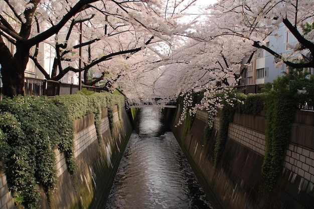 Des rangées de cerisiers en fleurs le long de la rivière Meguro à Tokyo