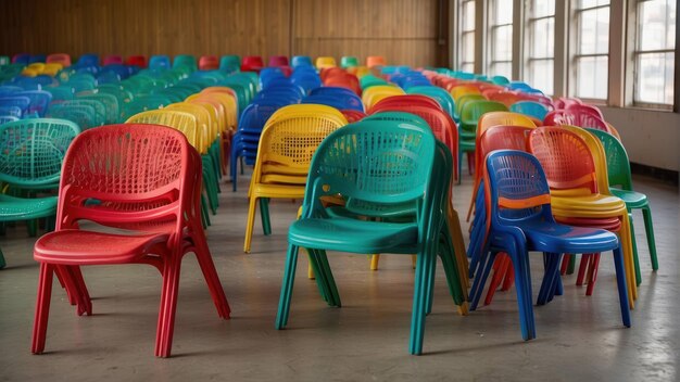 Des rangées de chaises en plastique colorées dans une salle vide