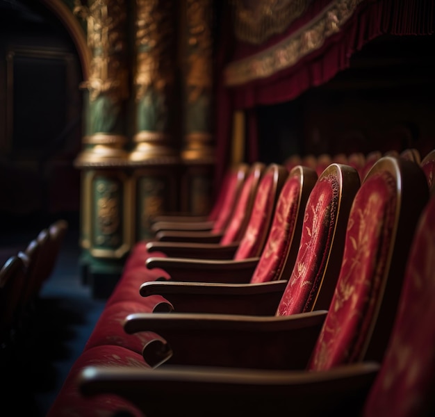 Des rangées de chaises rouges dans un théâtre avec un rouleau d'or sur le mur.