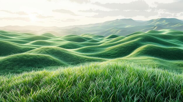 Des rangées de champs d'herbe de savane rendues en 3D sur des vagues vertes sans fin, un modèle de nature sereine pour une intégration propre.