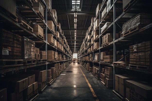 Rangées d'étagères avec des boîtes de marchandises dans un magasin-entrepôt dans un entrepôt d'usine