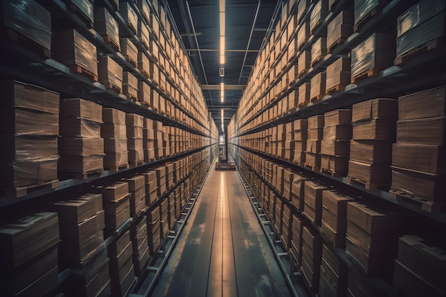 Rangées d'étagères avec des boîtes de marchandises dans un magasin-entrepôt dans un entrepôt d'usine