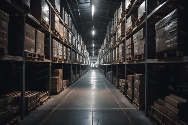 Rangées d'étagères avec des boîtes de marchandises dans un magasin-entrepôt dans un entrepôt d'usine