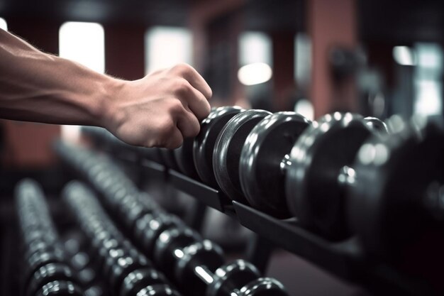 Rangées d'haltères dans la salle de gym avec la main