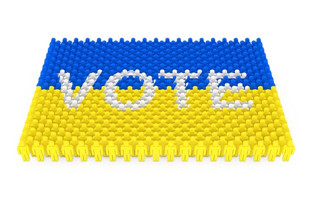 Rangées d'icône de personnes comme drapeau de l'Ukraine et signe de vote sur un fond blanc. Rendu 3D