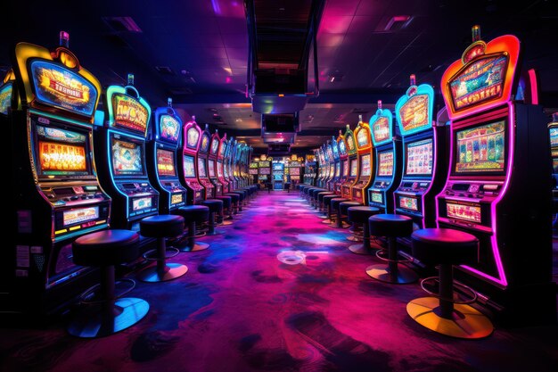 Des rangées de machines à sous colorées dans une salle de casino ar 32 v 52 ID d'emploi b91498481eae42dcad1390e22cb69ae2