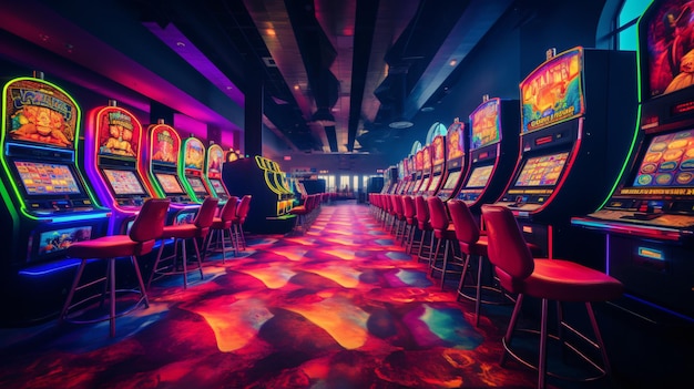 Des rangées de machines à sous colorées dans une salle de casino.