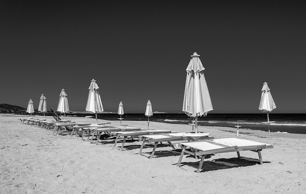 Rangées noires et blanches de parasols et de transats sur la plage