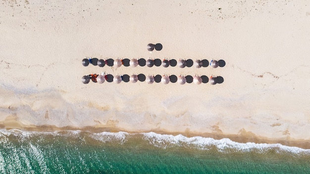 Des rangées de parasols en roseau avec des chaises longues sous eux sur la plage