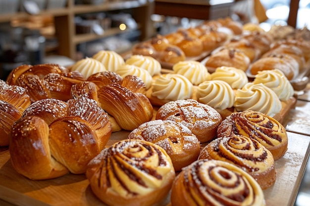 Rangées de petits pains, beignets et pâtisseries en pâtisserie