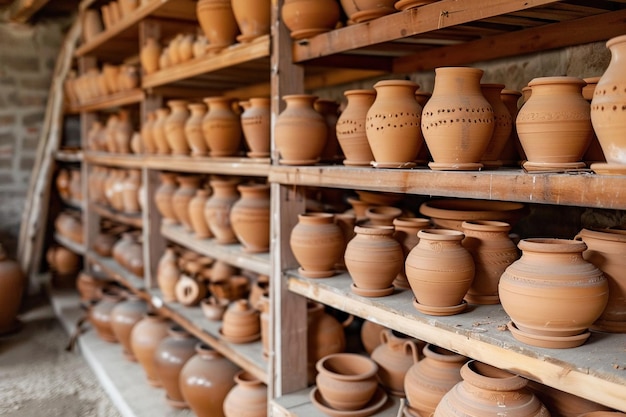 Des rangées de poteries d'argile traditionnelles stockées sur des étagères dans un environnement d'atelier rustique