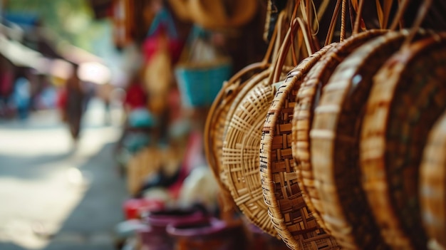 Des rangées de sacs en bambou exposés dans un marché local