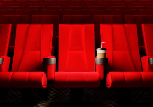 Photo rangées de sièges en velours rouge regardant des films au cinéma avec fond de bannière d'espace de copie concept de divertissement et de théâtre rendu d'illustration 3d