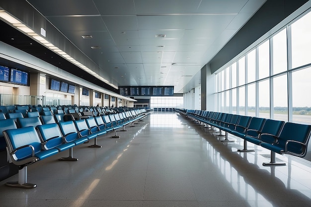 Des rangées de sièges vides dans la salle d'attente du terminal d'aéroport déserté