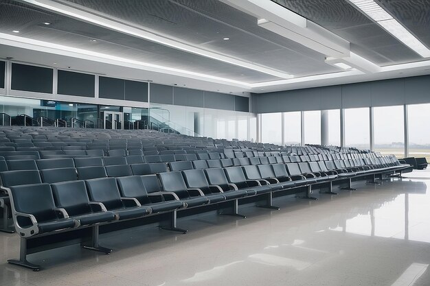 Photo des rangées de sièges vides dans la salle d'attente du terminal d'aéroport déserté