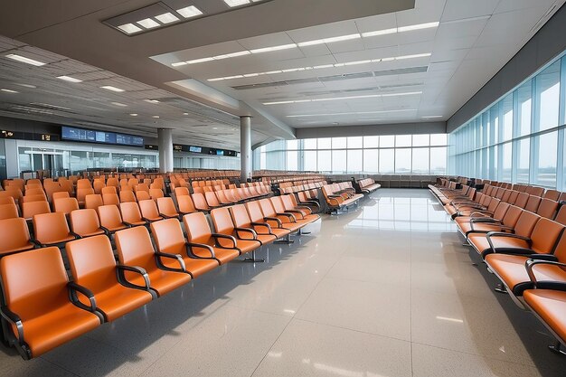 Des rangées de sièges vides dans la salle d'attente du terminal d'aéroport déserté