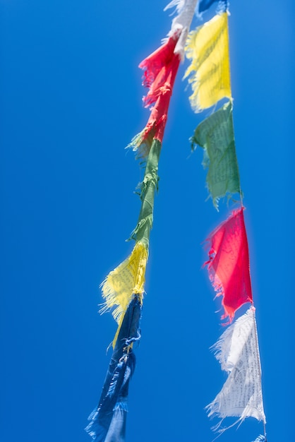 Rangées verticales de drapeaux de prière bouddhistes tibétains colorés agitant i