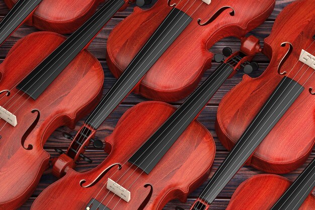 Rangées de violons en bois rouge vintage sur un fond de table en bois. Rendu 3D