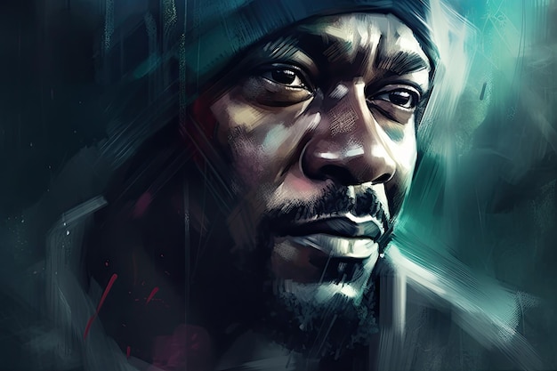 Rappeur gangster noir original dans une humeur triste Portrait d'art abstrait du musicien artiste et chanson