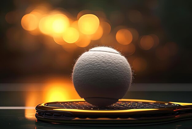 Photo une raquette de tennis et une balle au sommet d'un sol dans le style d'un éclairage exquis