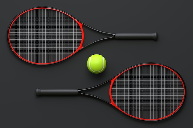 Raquette de tennis avec balle de tennis sur fond noir Vue de dessus Illustration de rendu 3D