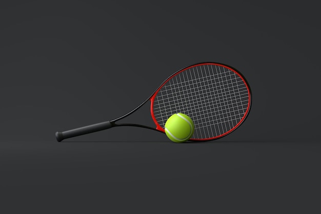 Raquette de tennis avec balle de tennis sur un fond noir Vue frontale Illustration de rendu 3D