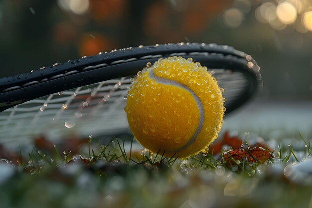 La raquette de tennis et la balle de tennis sur l'herbe