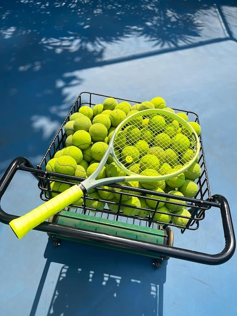 Une raquette de tennis dans un panier de balles de tennis.